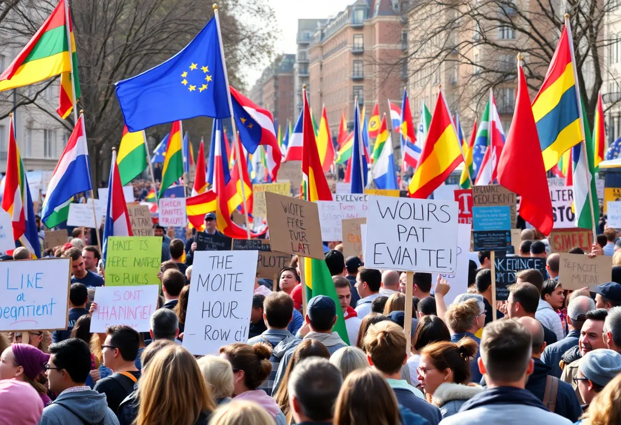A large crowd gathers at a protest with colorful signs and banners.