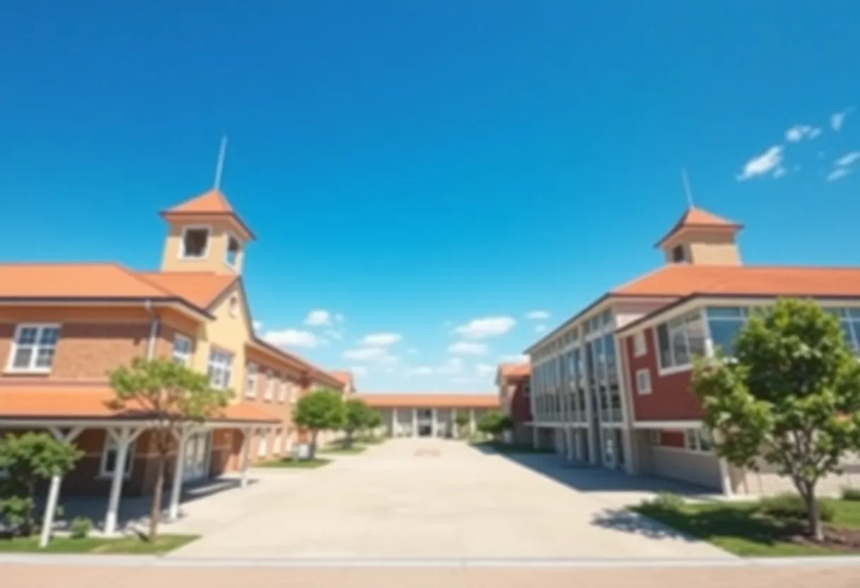 Rendering of modern school buildings surrounded by green spaces.
