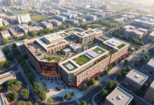 Aerial view of the North Phoenix mixed-use development with Costco and hotels.