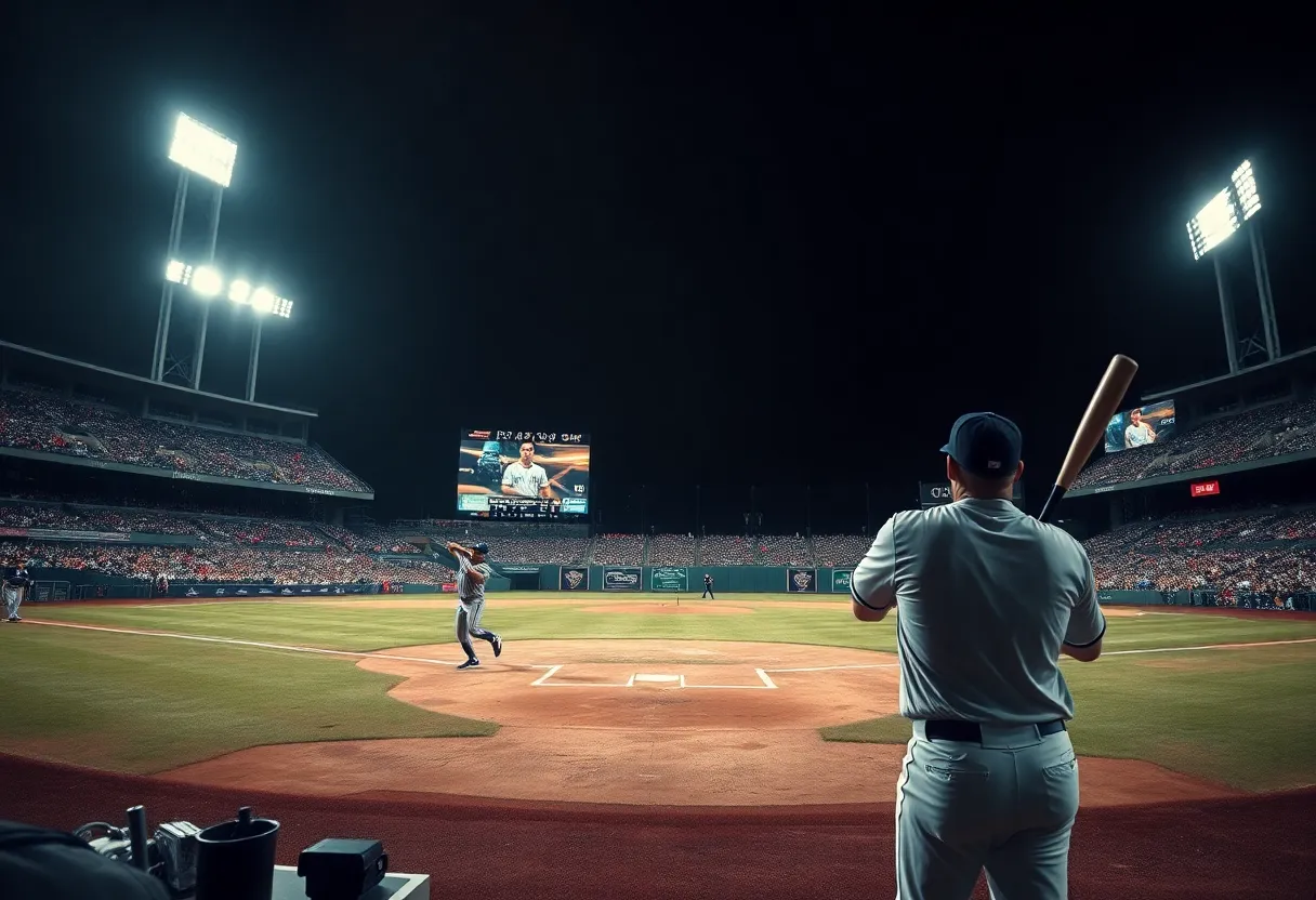 Shohei Ohtani pitching during a night baseball game.
