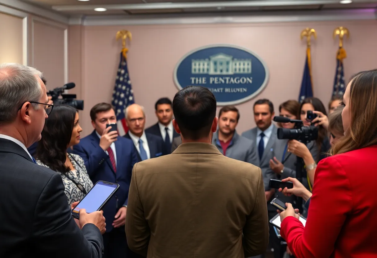 A press conference setting at the Pentagon, showcasing various journalists.