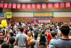 Celebration scene at Highland High School with students and families enjoying a pep rally.