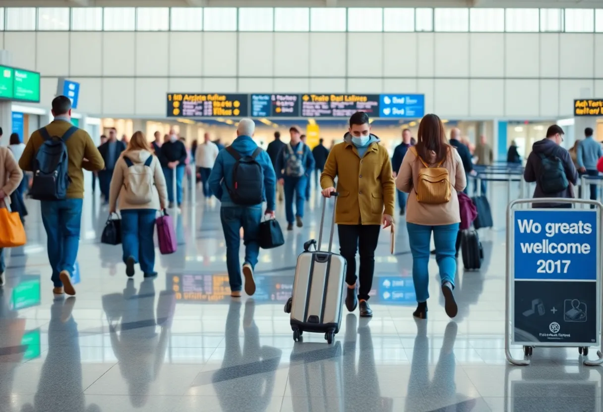 Busy airport terminal with travelers, no political content visible