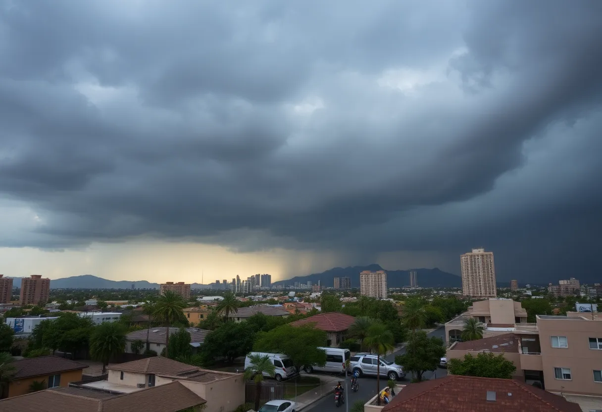 Phoenix skyline with storm clouds and rain