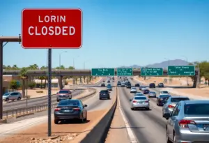 Traffic on a freeway in Phoenix with road closure signs