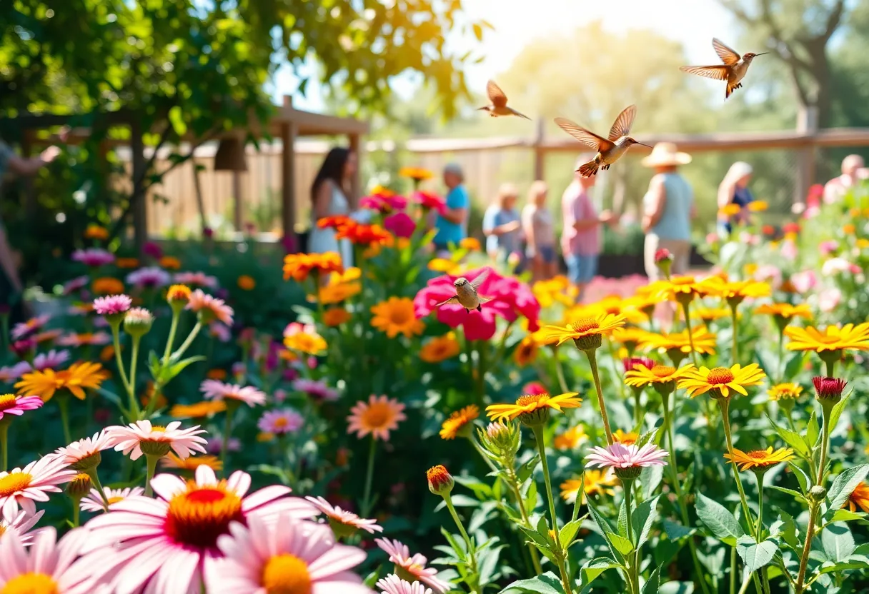 Community garden showcasing various flowers and plants attracting butterflies and hummingbirds.