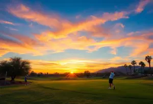 Sunset view of a golf course in Phoenix with golfers