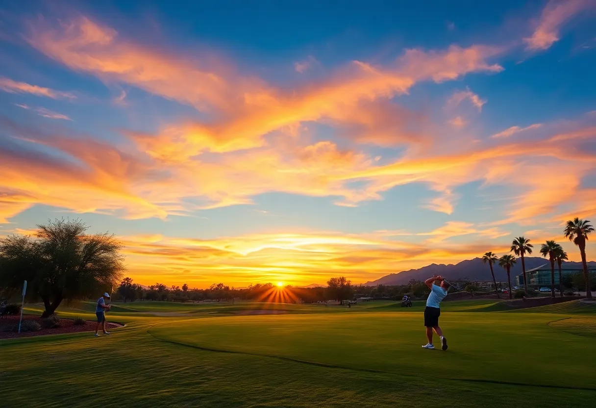 Sunset view of a golf course in Phoenix with golfers