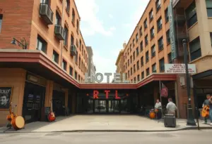 Exterior view of the Phoenix Hotel in San Francisco with rock 'n' roll theme.