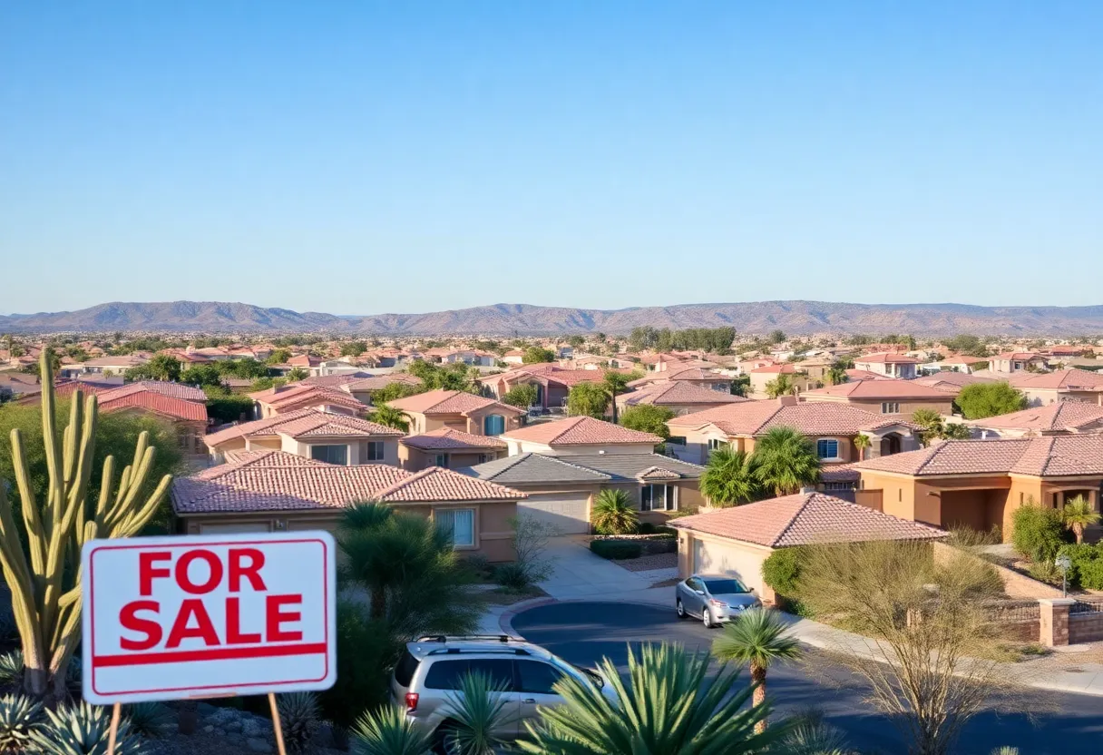 Suburban view of houses in Phoenix with real estate signs
