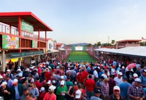 Crowds enjoying the Phoenix Open at TPC Scottsdale with fan zones.