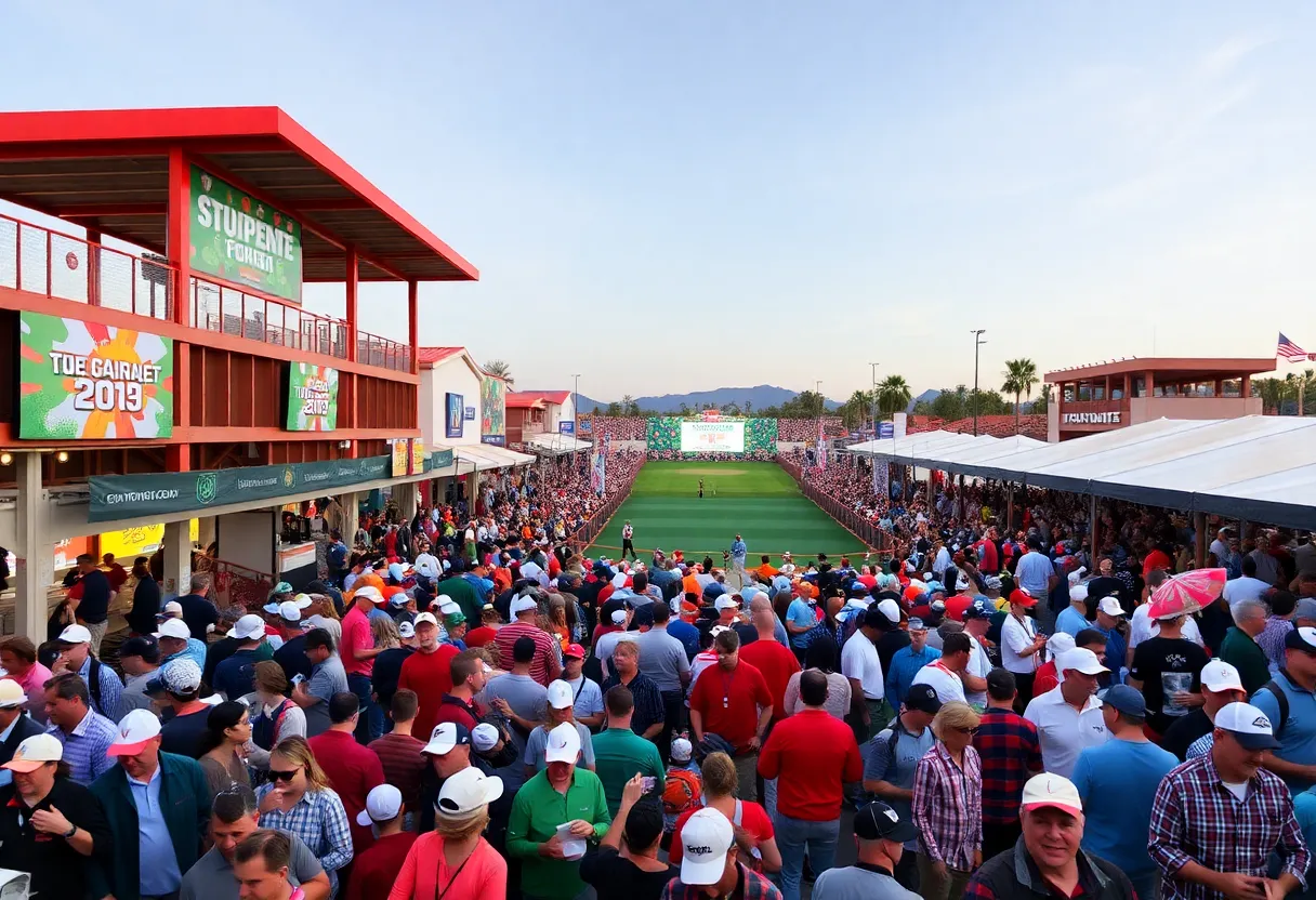 Crowds enjoying the Phoenix Open at TPC Scottsdale with fan zones.