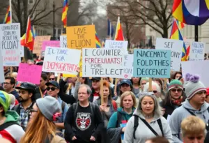 Crowd of protestors at a demonstration in Phoenix holding signs