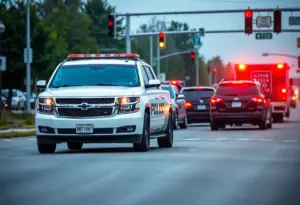 Accident scene involving police patrol vehicle and SUV