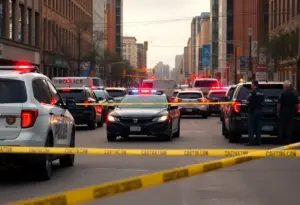 Police vehicles at the scene of a shooting in downtown Phoenix
