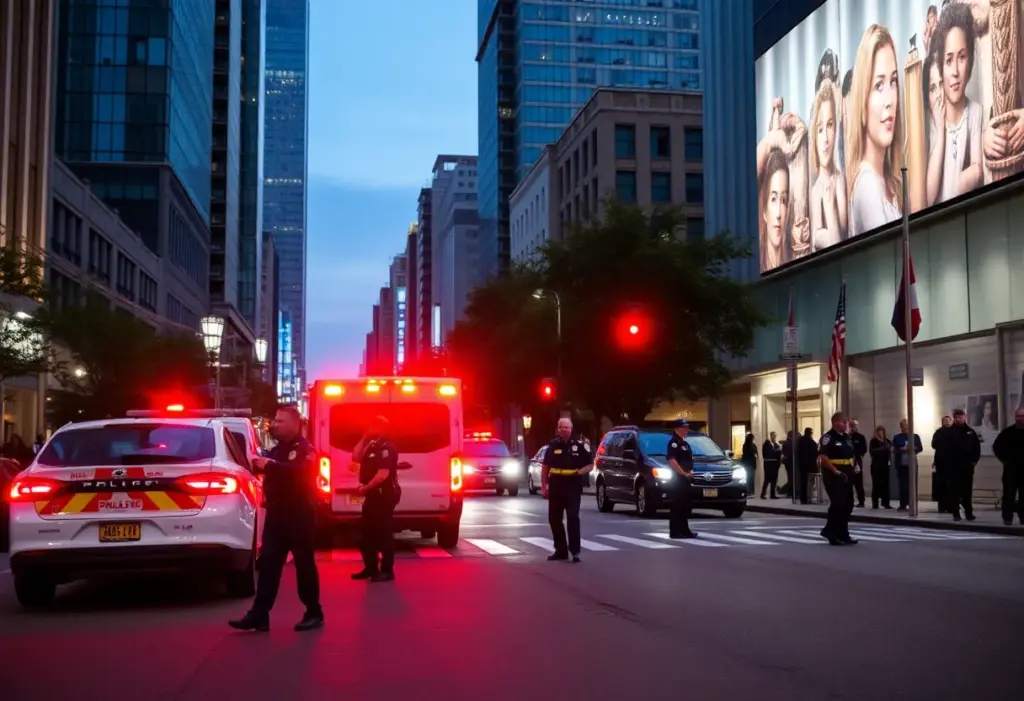 Police cars and emergency responders at a downtown intersection in Phoenix at night