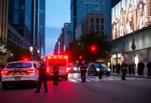 Police cars and emergency responders at a downtown intersection in Phoenix at night