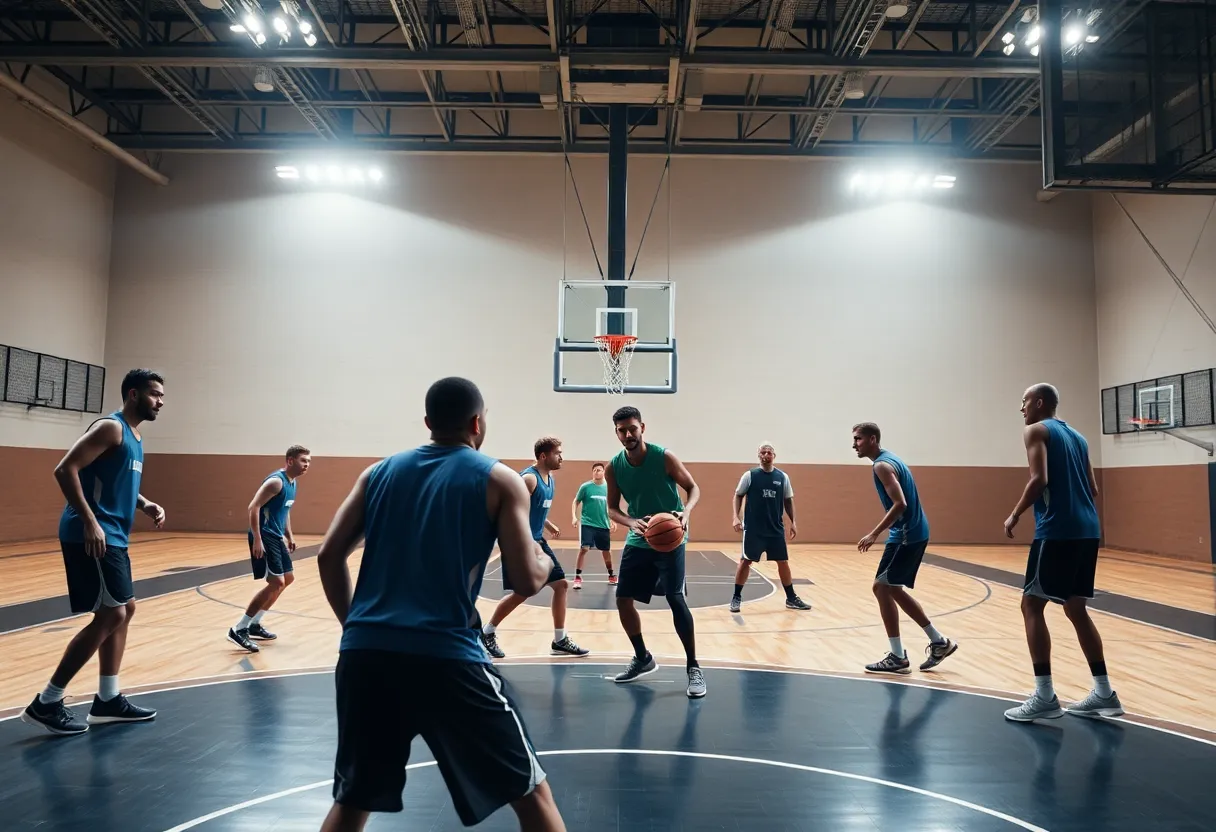 Members of the Phoenix Suns practicing on the basketball court.