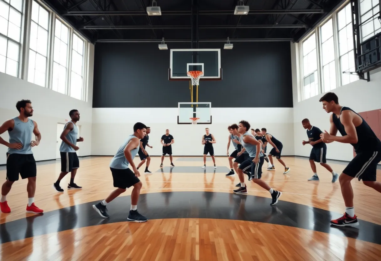 Basketball players training on a court for the upcoming NBA season