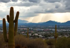 Scenic view of Phoenix under cloudy skies with light rain, featuring desert landscape and cacti.