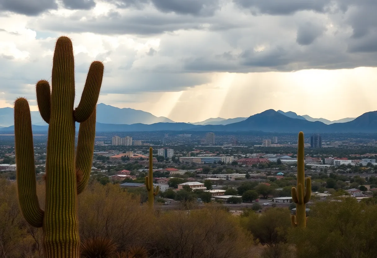 Scenic view of Phoenix under cloudy skies with light rain, featuring desert landscape and cacti.