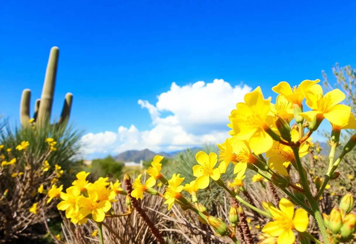 Sunny day in Phoenix with blue skies and foreground desert plants