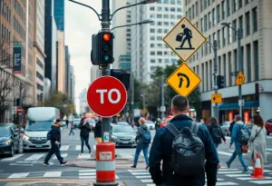 Pedestrian crossing sign in an urban setting