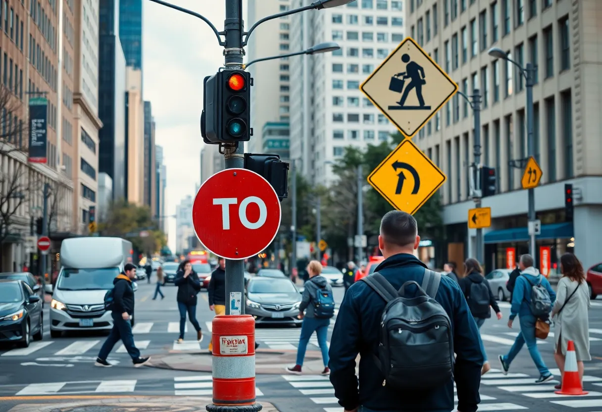 Pedestrian crossing sign in an urban setting
