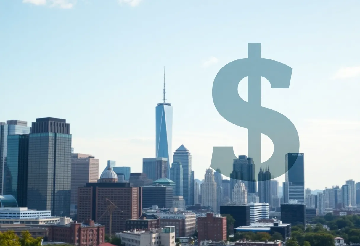 City skyline with bank buildings symbolizing financial growth