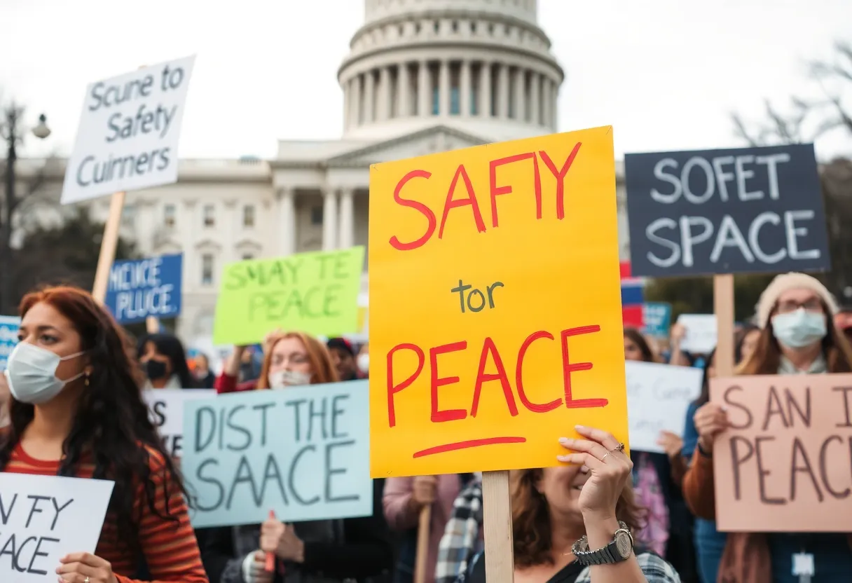 Rally advocating for safety in politics with diverse individuals holding signs.