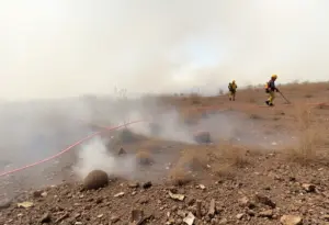 Firefighters conducting a prescribed burn at Tres Rios Wetlands in West Phoenix.