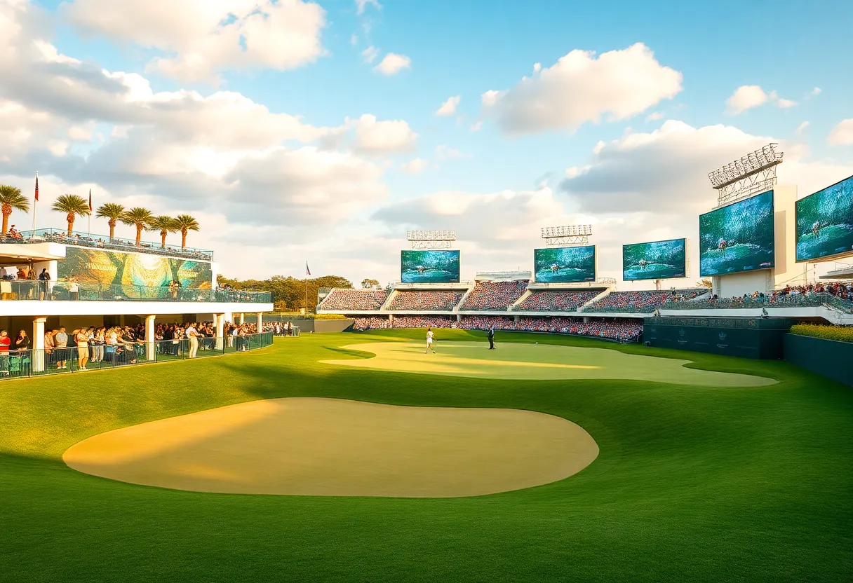 View of the renovated 16th hole at TPC Scottsdale during a golf tournament