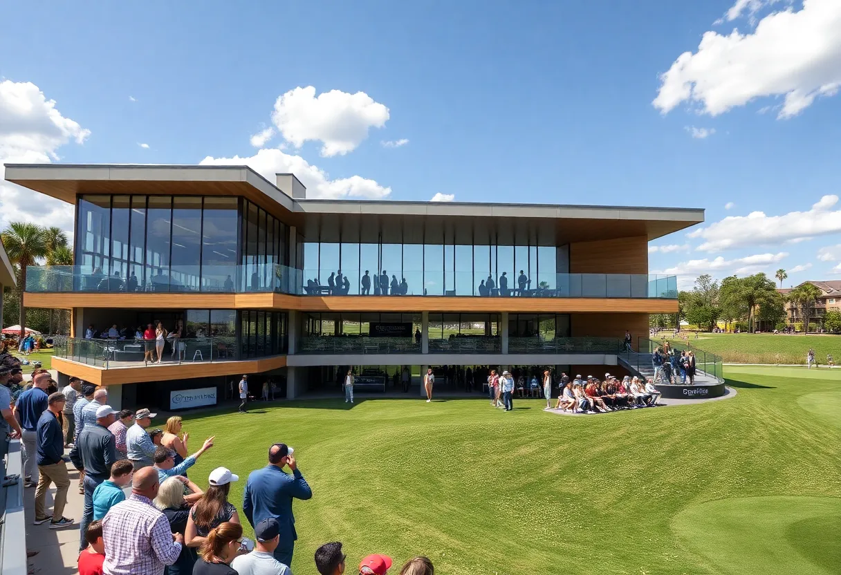 Aerial view of the redesigned 16th hole at TPC Scottsdale with fans enjoying the event.