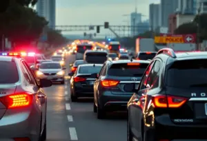 Scene of a road rage incident on a highway with police presence