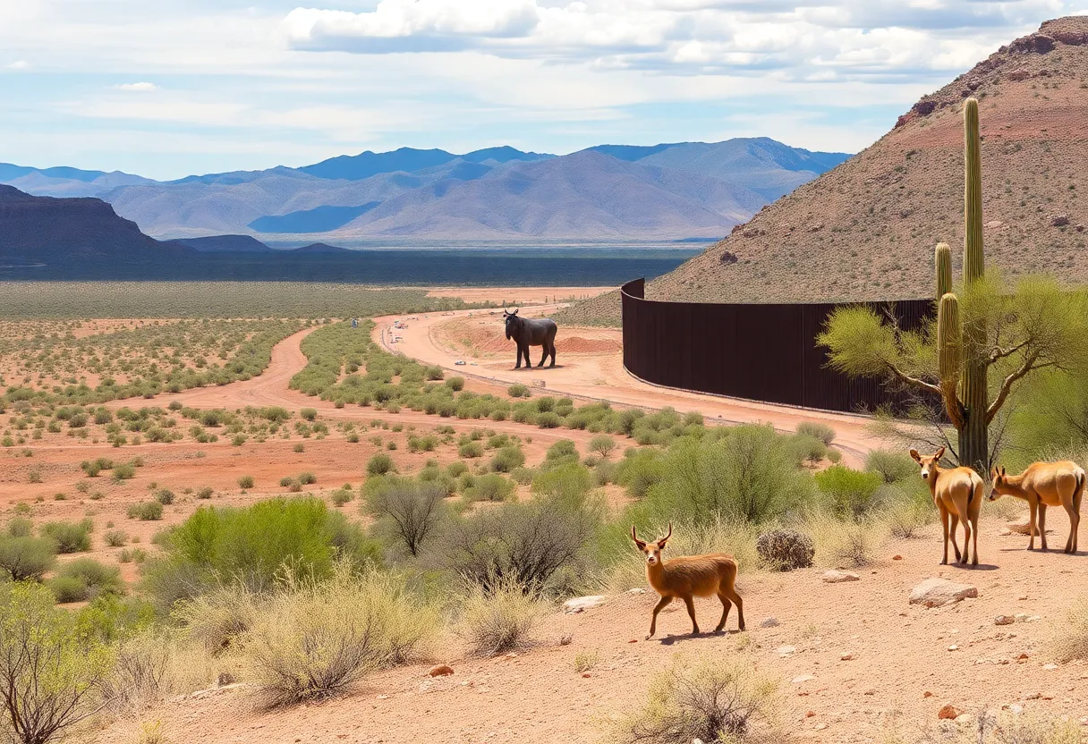 Construction of a border wall in San Rafael Valley, Arizona, with visible wildlife and nature in the foreground.