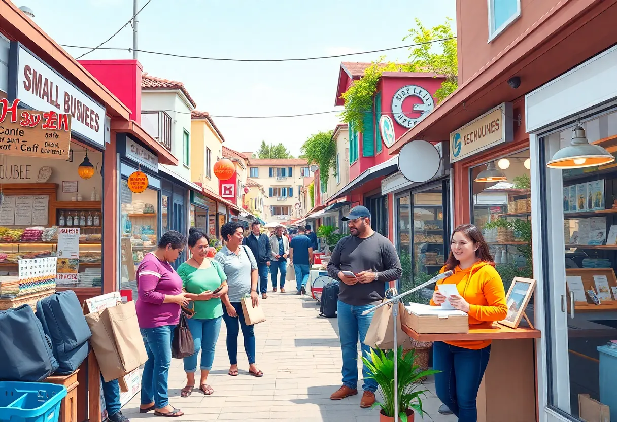 Community scene representing small business owners and their establishments