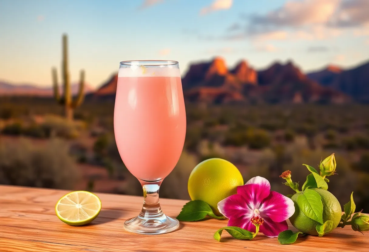 Glass of Sonoran Sipper Cream Ale with hibiscus and lime zest.