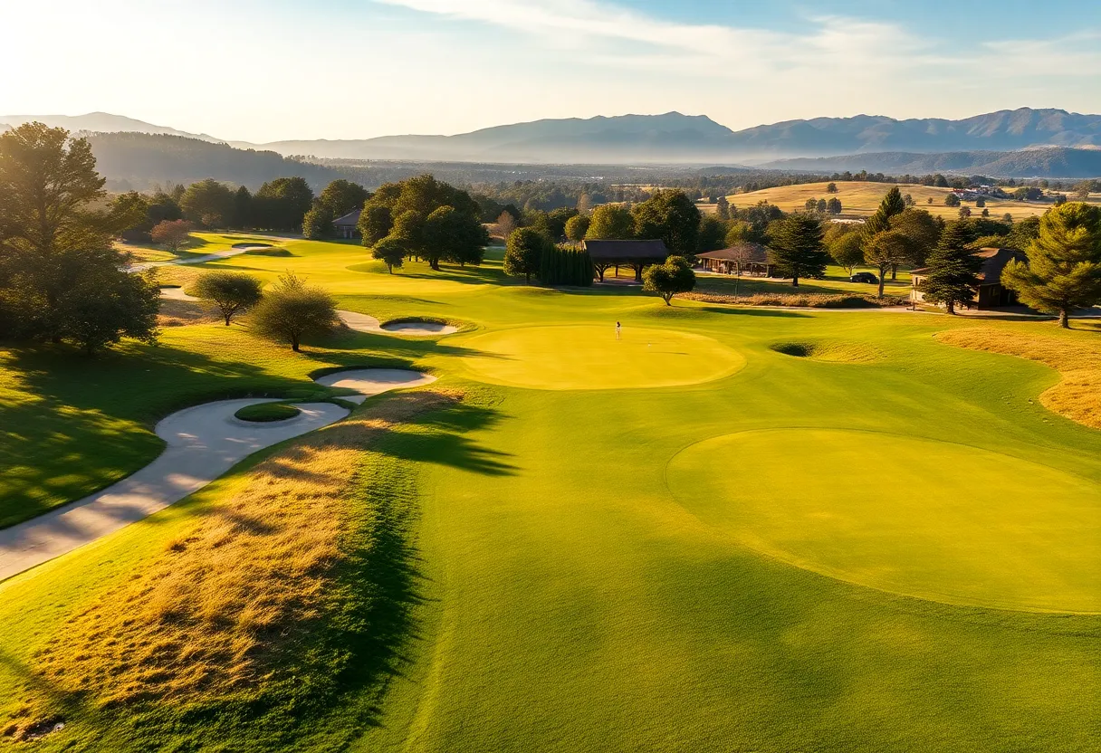A wide shot of Stanford Golf Course during a women's golf tournament.