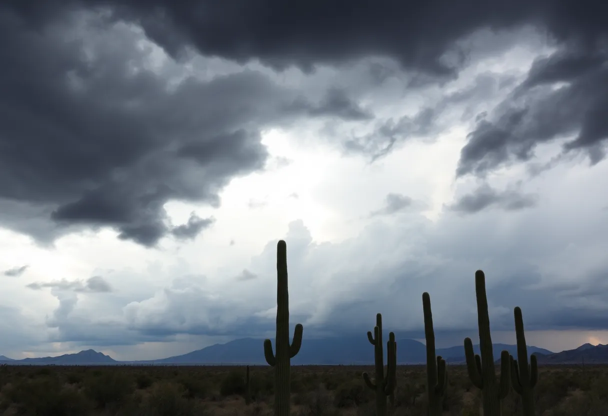 Dark storm clouds above desert landscape in Phoenix