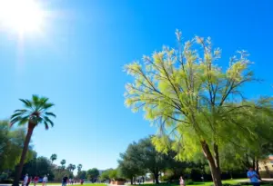 People enjoying a sunny day in a Phoenix park with clear skies
