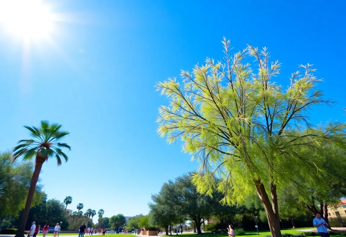 People enjoying a sunny day in a Phoenix park with clear skies