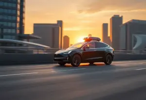 A Tesla autonomous vehicle driving through a modern city landscape at dusk.