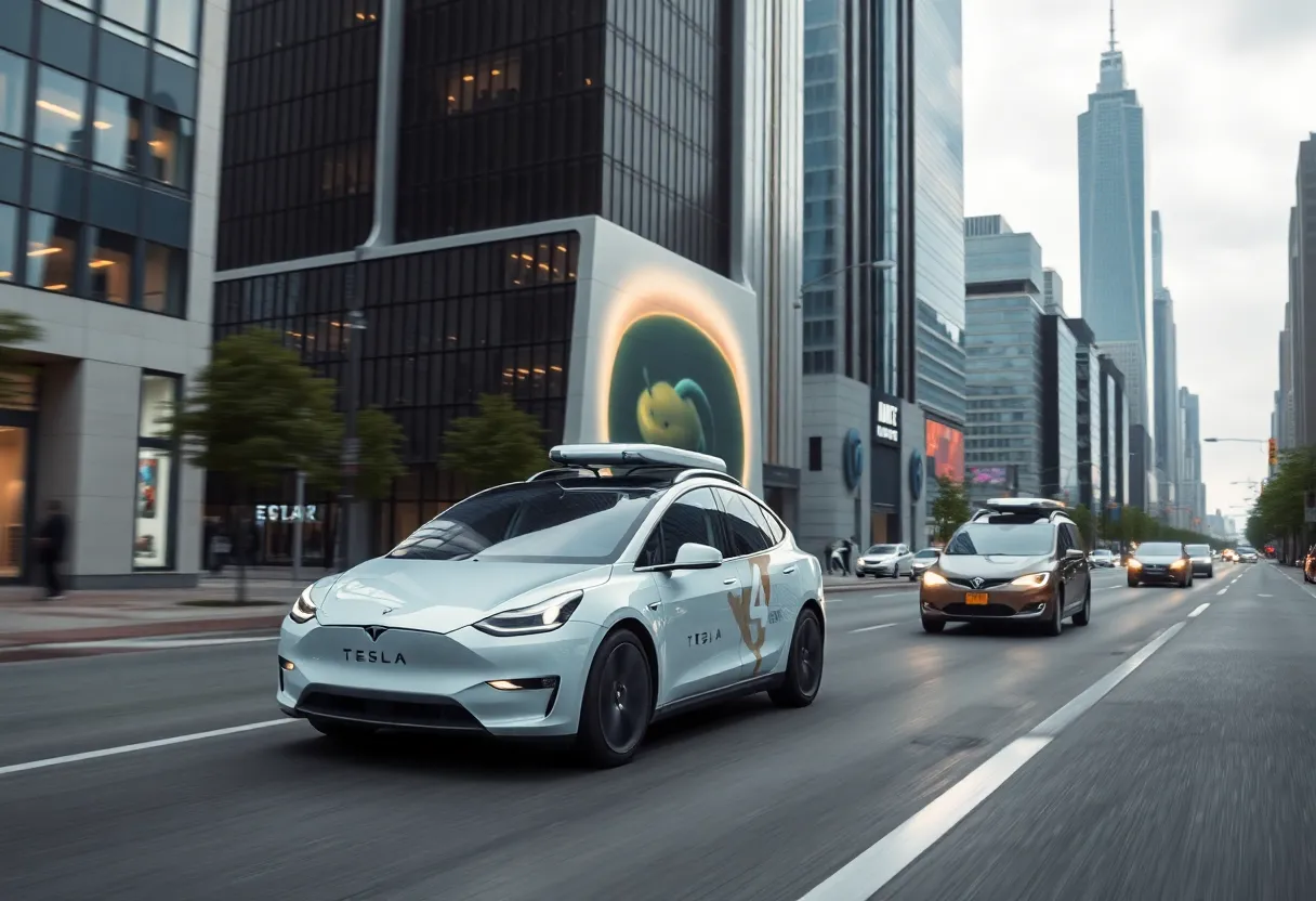 Tesla autonomous vehicles in a city setting