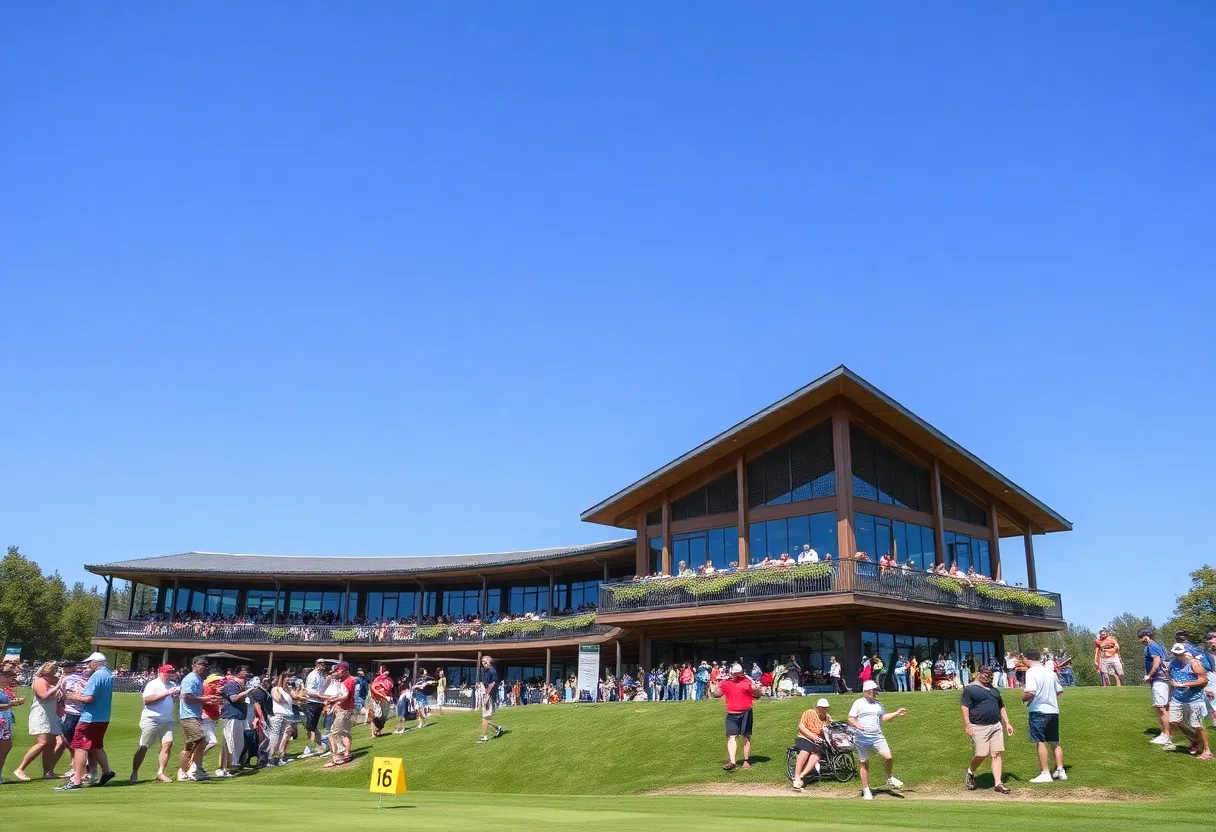 A modern hospitality structure at the 16th hole of TPC Scottsdale during a golf tournament.