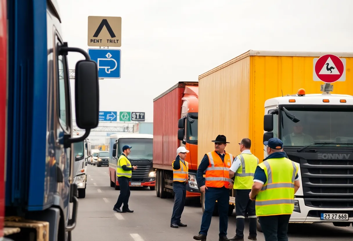 Commercial trucks and road signs on a highway