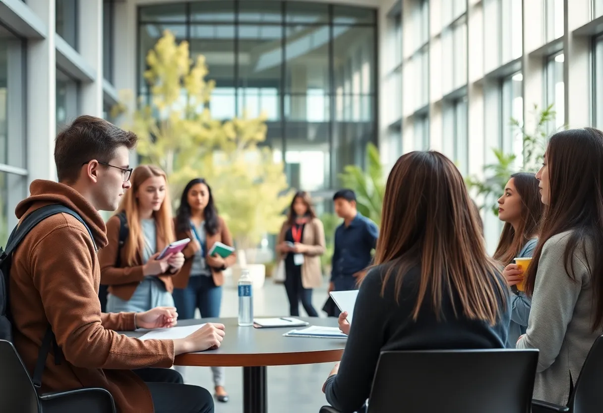 Students discussing academic policy on university campus