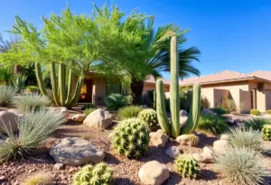 Xeriscape garden design in Phoenix showcasing drought-tolerant plants and decorative elements.