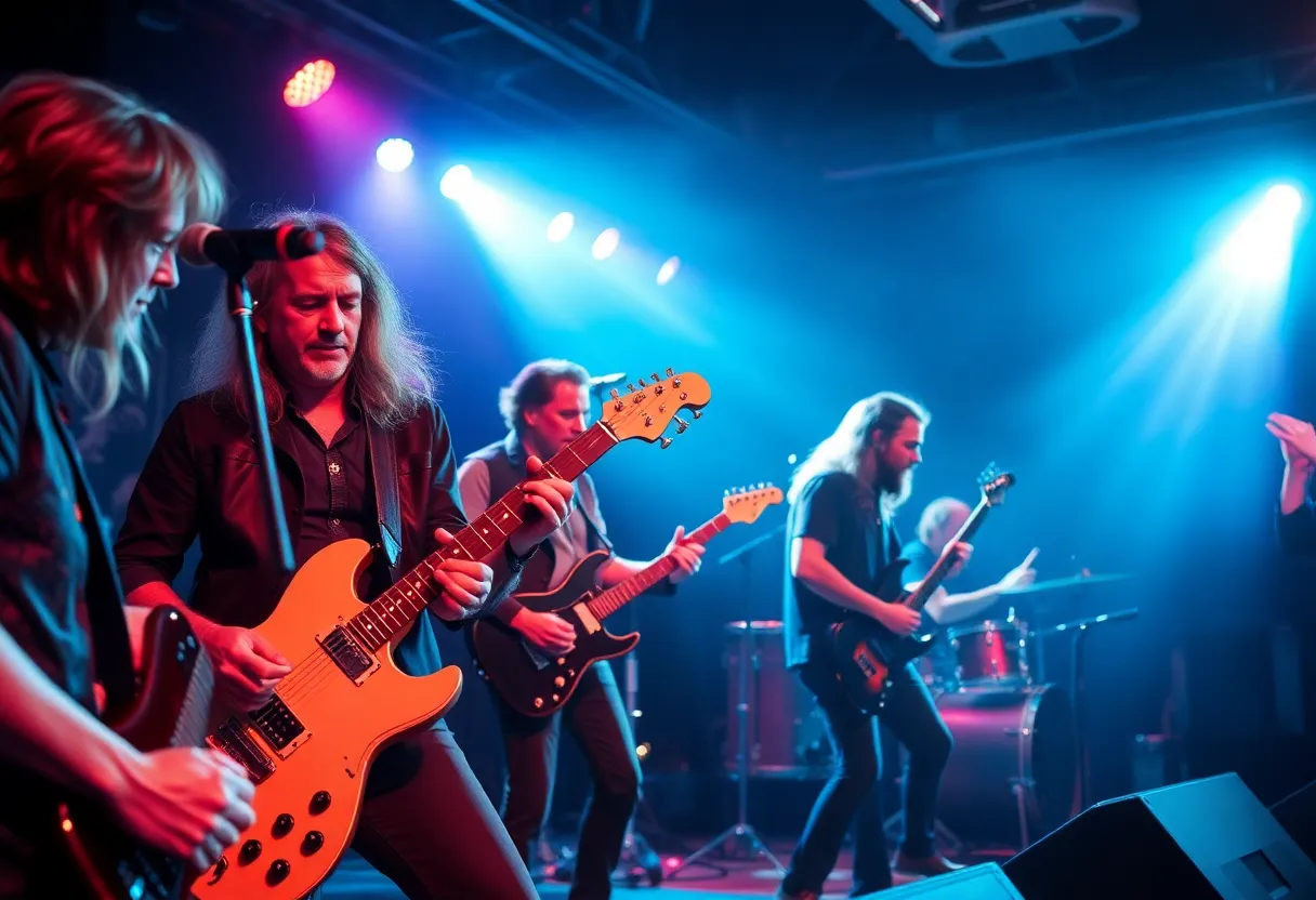 A dynamic representation of a rock concert featuring tribute musicians performing on stage.