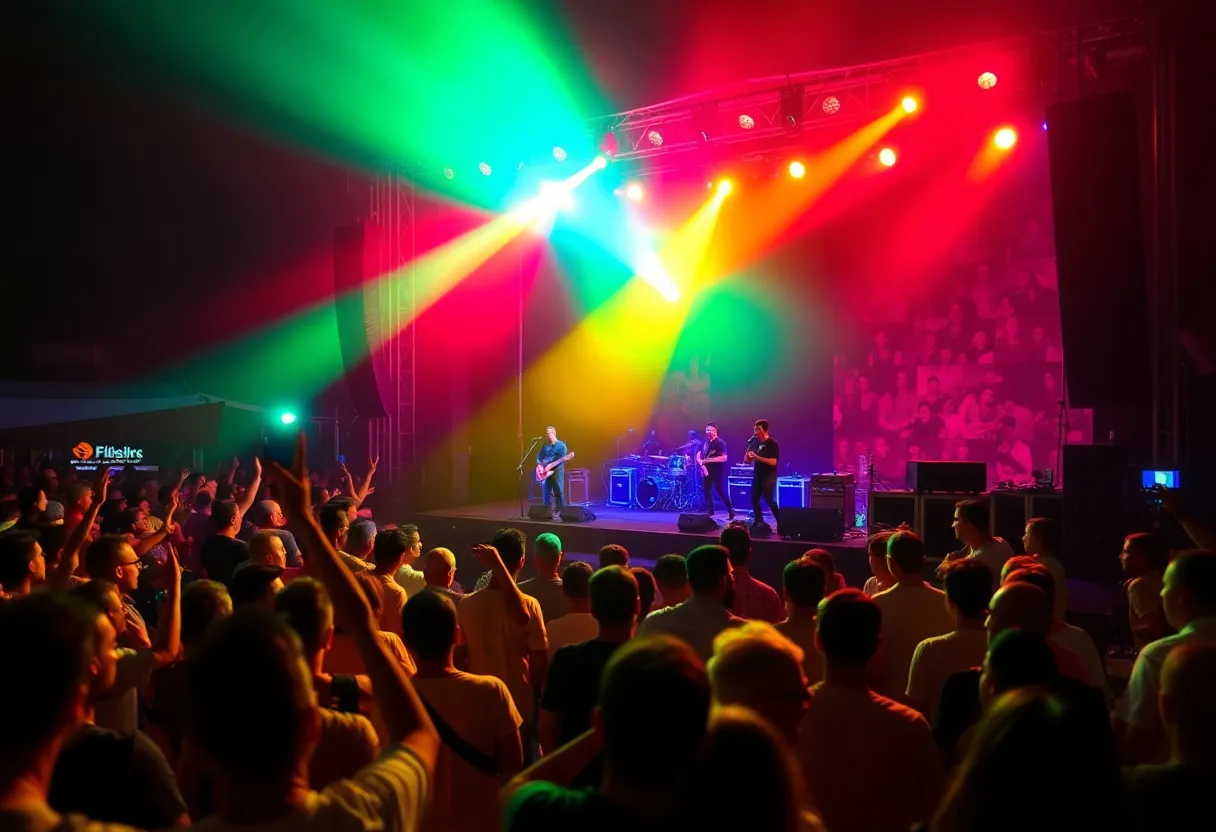 Lively concert crowd enjoying live music at an outdoor venue