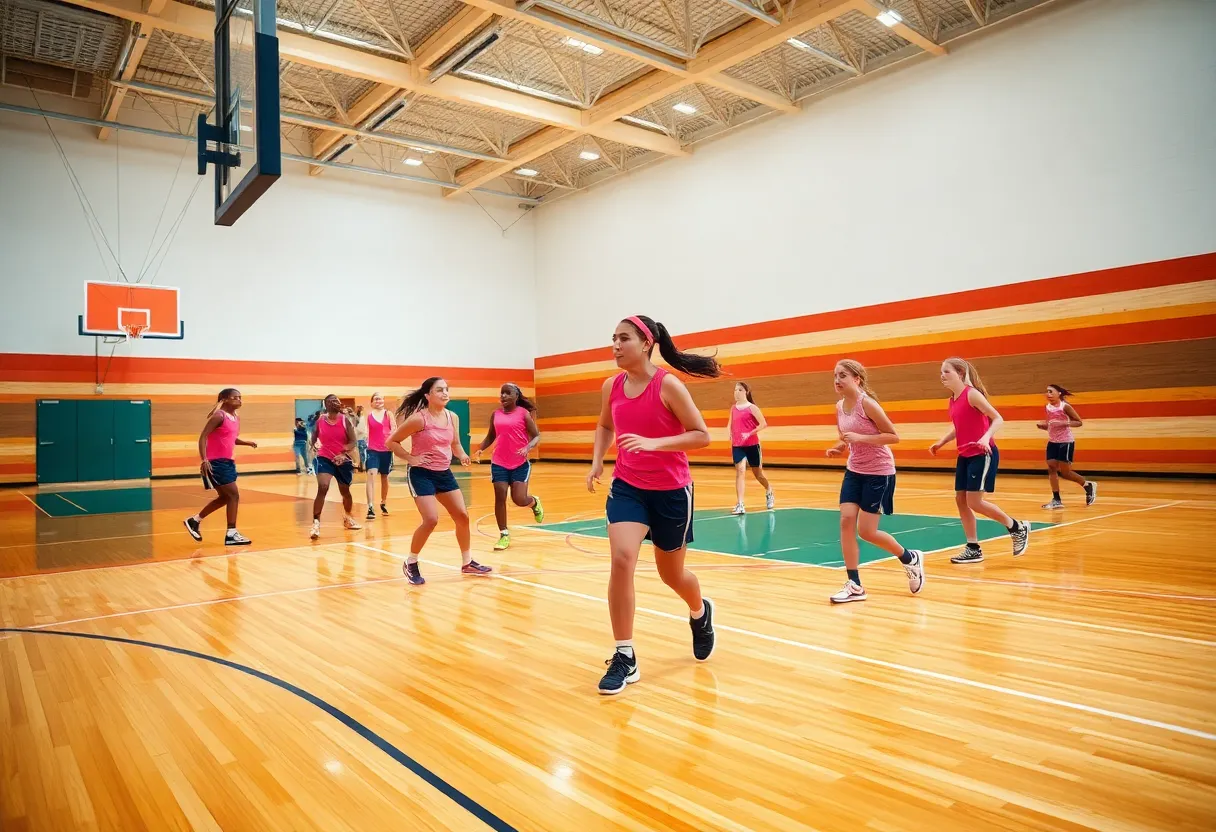 High school girls basketball teams practicing on court